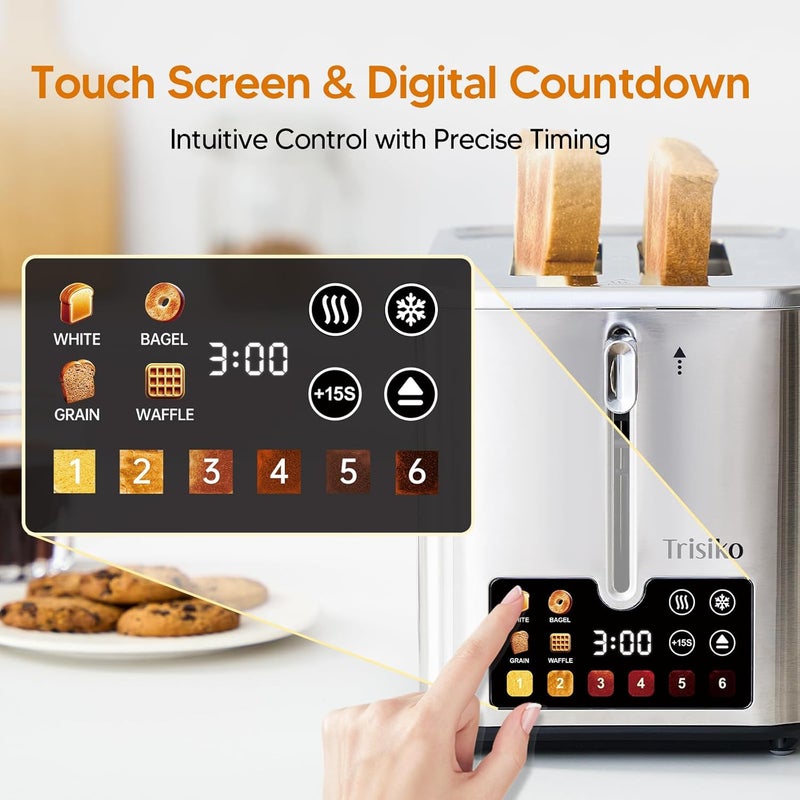 Trisiko ® Touch Screen Toaster 2 Slice, Stainless Steel Smart Toaster with Digital Timer, 1.38" Extra-Wide Slots for Bread& Bagel,with Reheat, Defrost, Cancel, +15s Boost, Great for Home, Office, Dorm - Image 3